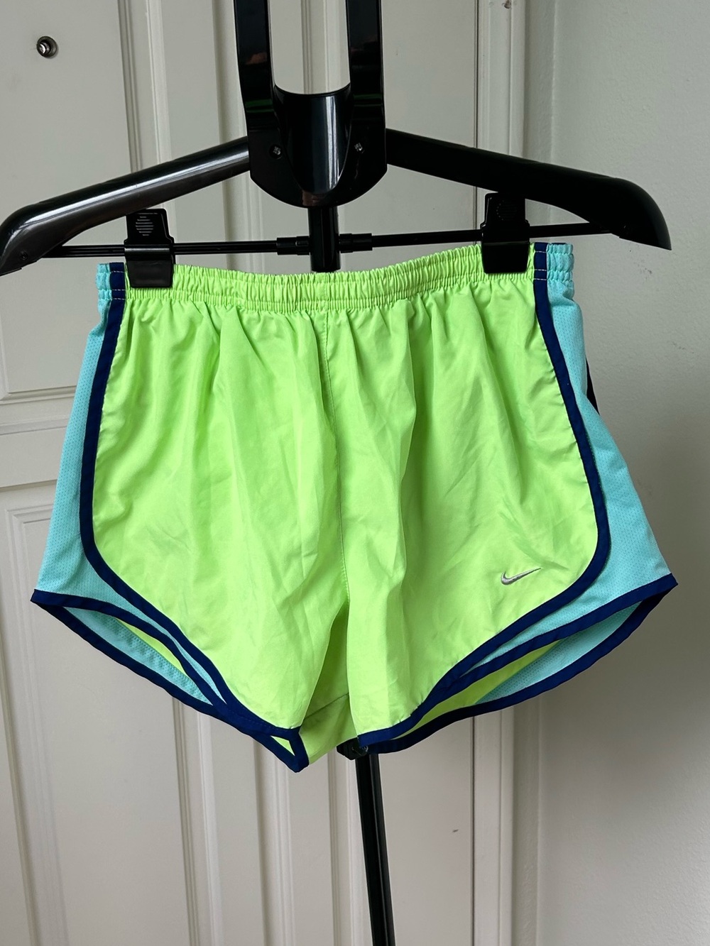 Nike Dri-FIT Neon Green Running Shorts Blue Trim Size Medium